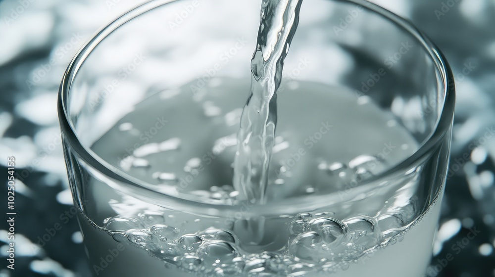 A glass of milk slowly being poured, with the liquid creating soft ripples and bubbles as it fills the glass