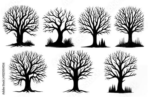 spooky or horror silhouette leafless old crooked dead vector tree. silhouette trees set. design element. 