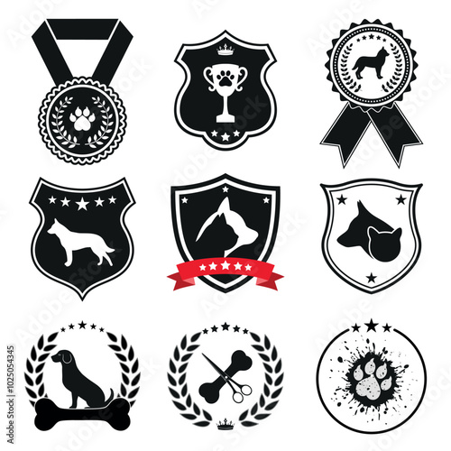 Illustration of a set of medals and emblems of dogs and cats on a white background.
