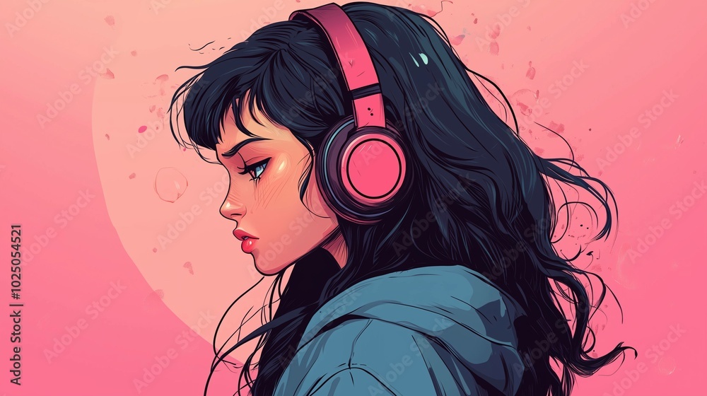 Obraz premium Beautiful anime girl listening to lofi hip hop music with headphones. Manga, cartoon drawing. 