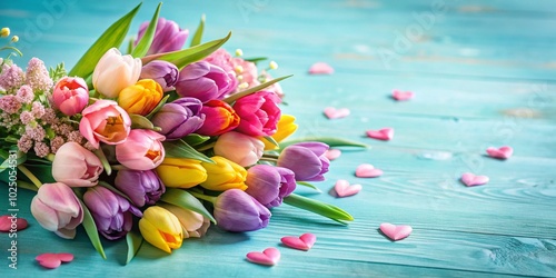 Beautiful Spring Flower Bouquet with Pink Hearts on Pastel Blue Table for International Women's Day and Mother's Day