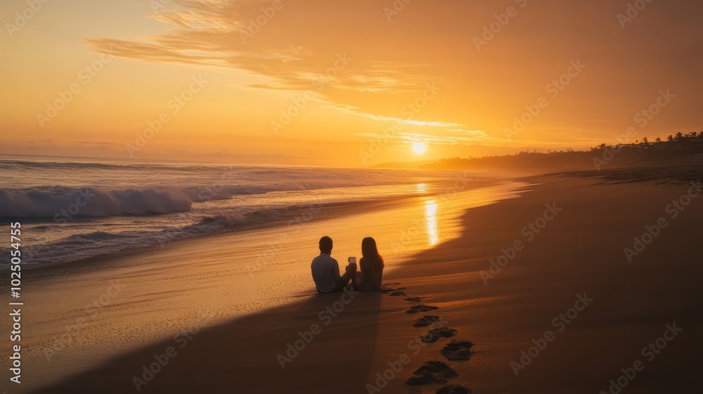 Sunset Romance on the Beach: A couple silhouetted against a breathtaking sunset on a pristine beach, their love story painted across the canvas of the sky. Sunset Romance on the Beach: A couple silhouetted against a breathtaking sunset on a pristine beach, their love story painted across the canvas of the sky.