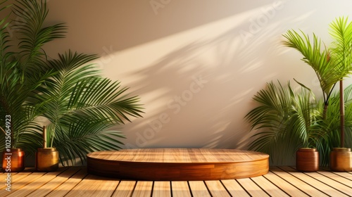 A serene indoor setting featuring lush greenery and a wooden platform, perfect for wellness, yoga, or meditation promotions, The warm lighting creates a calming atmosphere for various uses,