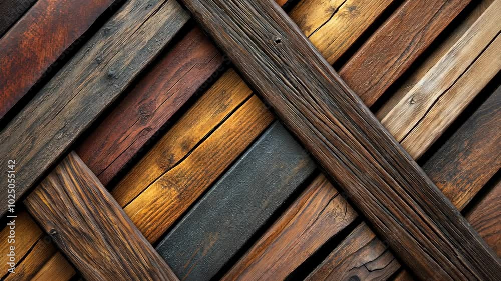 A close-up of rustic wooden planks arranged in a crisscross pattern, showcasing the natural grain and texture of the wood