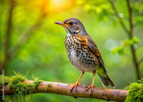 Beautiful thrush bird perched on a branch in a vibrant green forest during springtime season