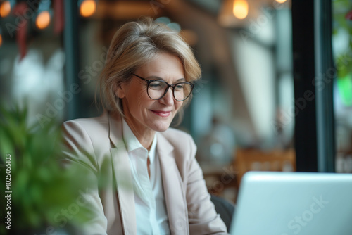 A woman wearing glasses is sitting at a table with a laptop