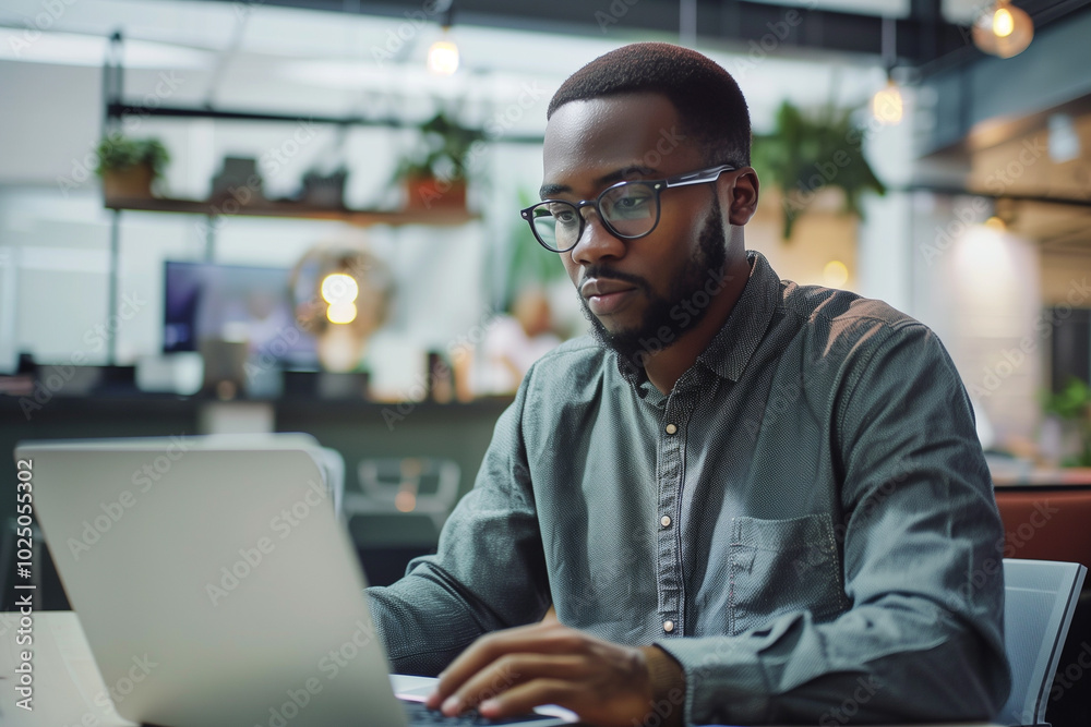 A man wearing glasses is typing on a laptop in a cafe A man wearing glasses is typing on a laptop in a cafe