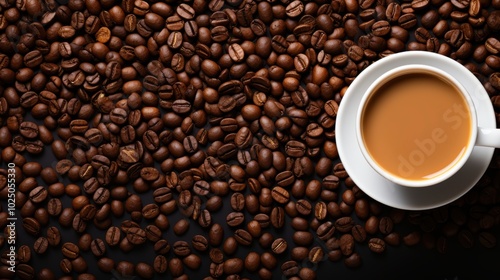 A top-down view of a white cup filled with coffee surrounded by roasted coffee beans on a dark background, Ideal for advertisements related to coffee products, cafes, or culinary blogs,