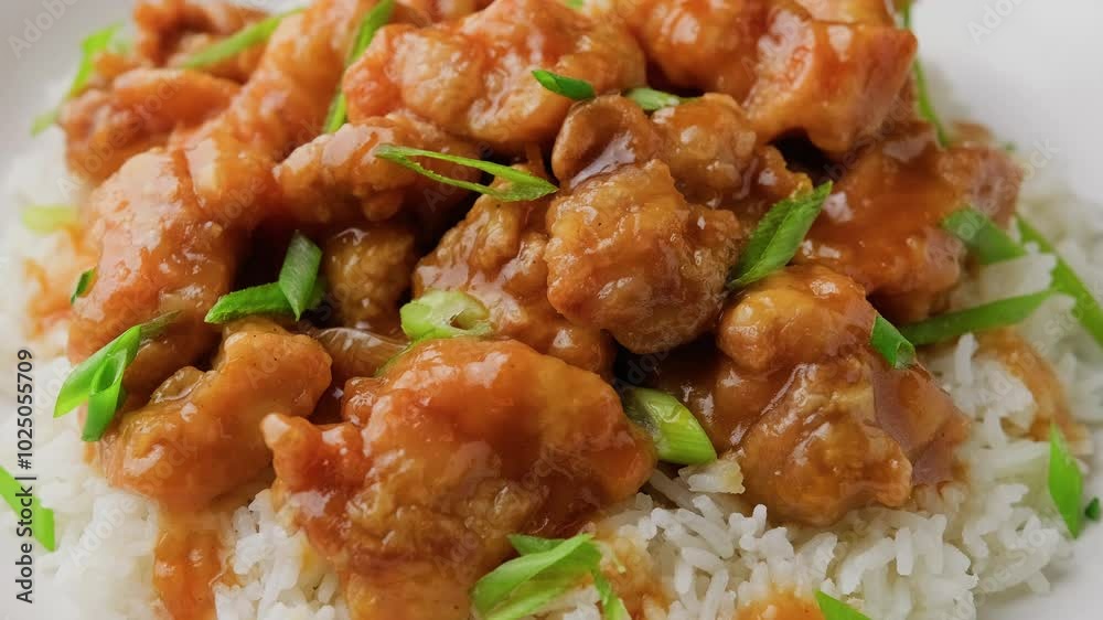 Chinese orange chicken with rice and green onion garnish. Rotating video Chinese orange chicken with rice and green onion garnish. Rotating video
