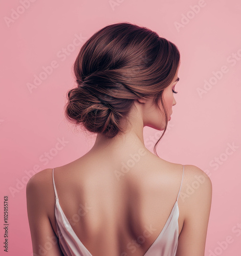 Photograph of a beautiful woman from behind, against a pink background