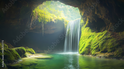 A hidden waterfall cascades into a tranquil pool in a lush, mossy cave. Mossy Cave. Illustration photo