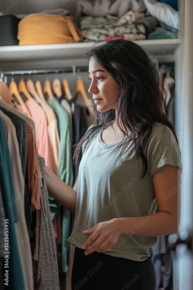 A young Asian woman thoughtfully choosing clothes from a closet full of options. A young Asian woman thoughtfully choosing clothes from a closet full of options.
