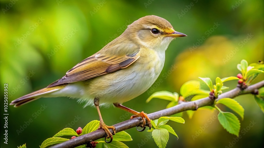 Beautiful Willow Warbler Bird Perched on a Branch in Natural Habitat Surrounded by Greenery Beautiful Willow Warbler Bird Perched on a Branch in Natural Habitat Surrounded by Greenery