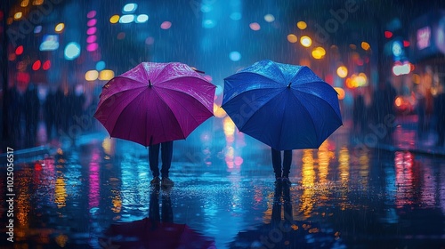 Wallpaper Mural   Two individuals in a city at night, each holding an umbrella under the rain Torontodigital.ca