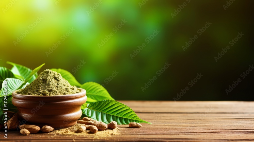 A wooden bowl filled with green powder is surrounded by fresh leaves and almonds, set against a soft-focus green background, This image is ideal for health, wellness, or herbal product promotions, A wooden bowl filled with green powder is surrounded by fresh leaves and almonds, set against a soft-focus green background, This image is ideal for health, wellness, or herbal product promotions,