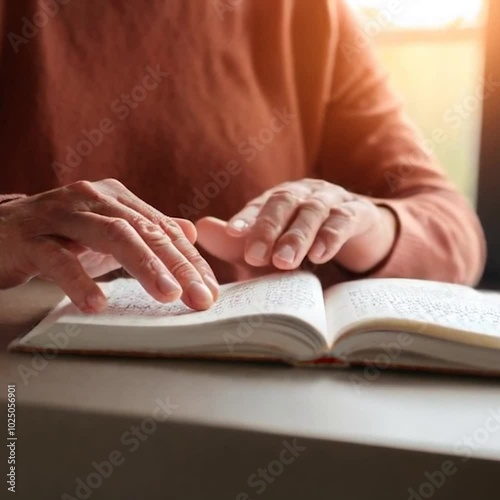 

A person reads the braille symbols in a book with his fingers. Concepts of sensory learning, patience, integration and comprehension. 