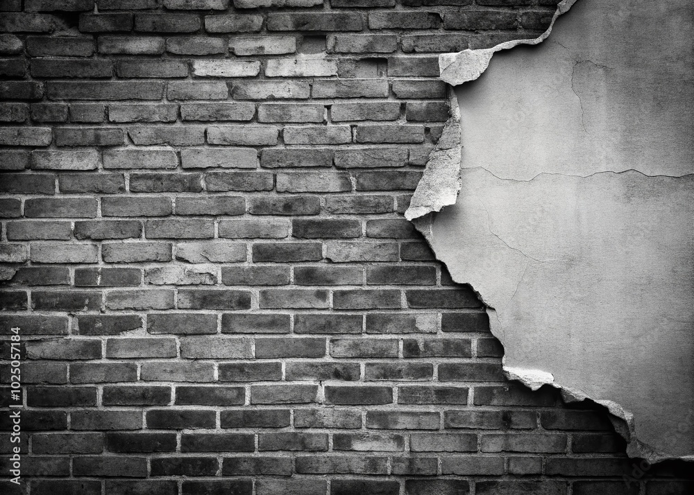 Black and White Old Brick Wall Background with Cracks and Torn Paper ...