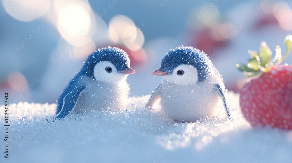 A pair of tiny birds perched on a snowy landscape with a strawberry in the background A pair of tiny birds perched on a snowy landscape with a strawberry in the background