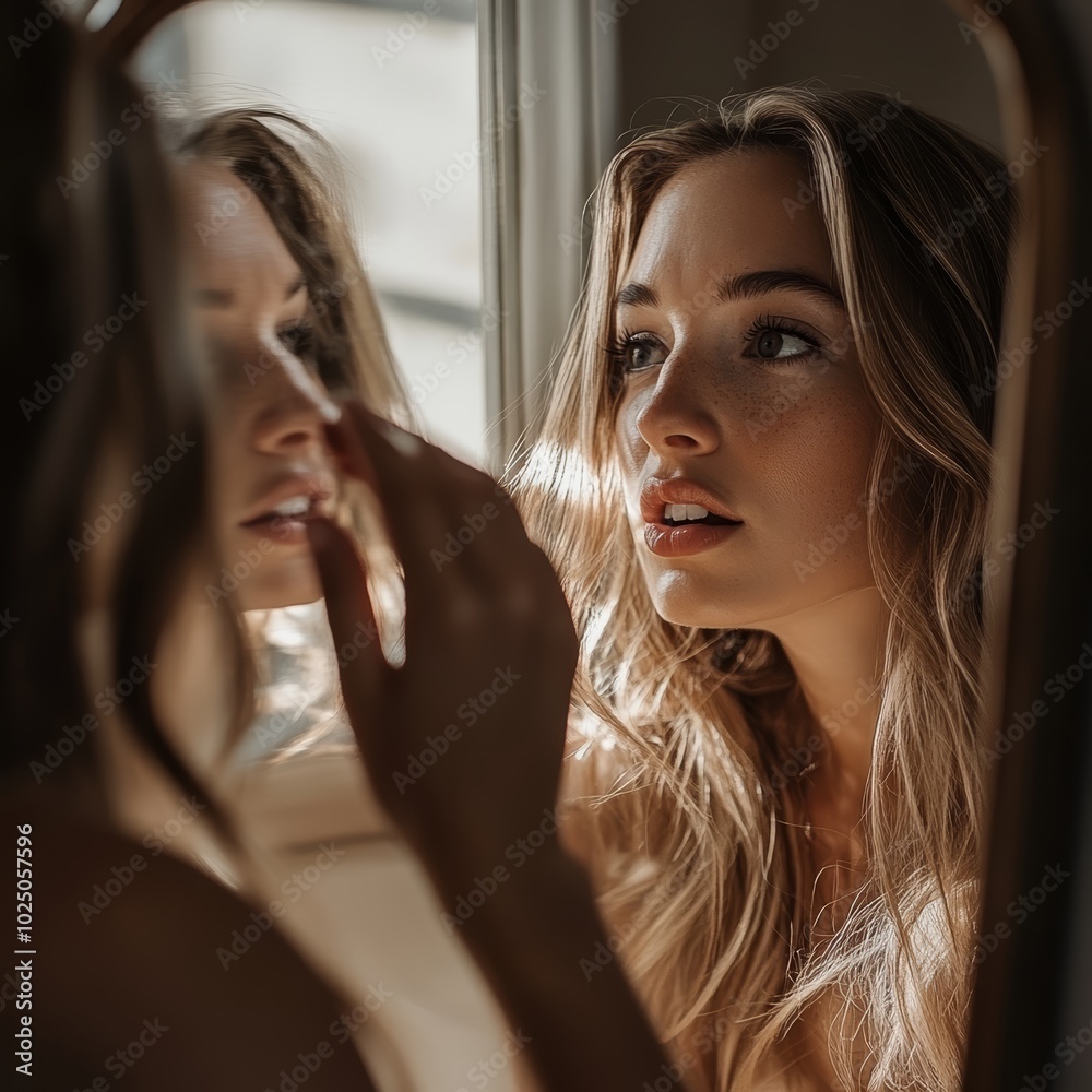 Reflected beauty: a young woman gazes thoughtfully in a warm-toned setting. Reflected beauty: a young woman gazes thoughtfully in a warm-toned setting.