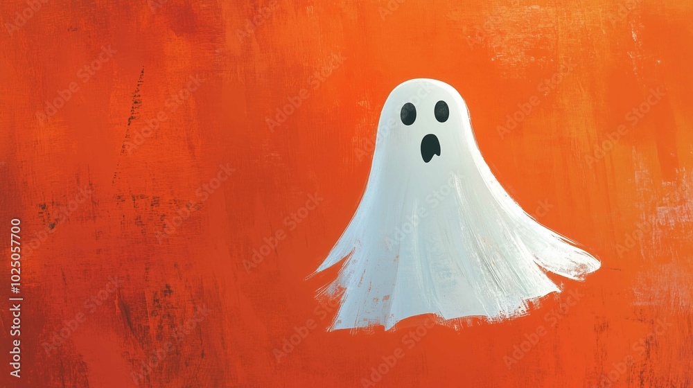 A whimsical, cartoon ghost with a surprised expression floats against a bold orange background, bringing a playful twist to the traditionally spooky figure.
