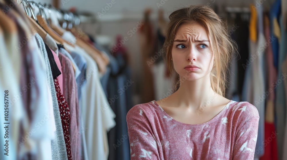 Pensive young woman with light brown hair in a cozy sweater, surrounded by clothes. Pensive young woman with light brown hair in a cozy sweater, surrounded by clothes.