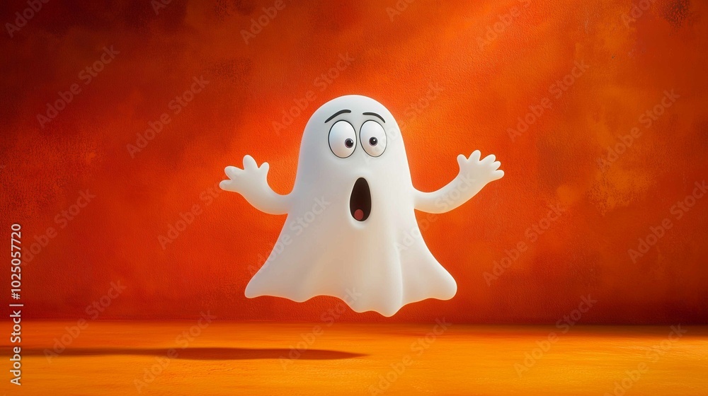Obraz premium A whimsical, cartoon ghost with a surprised expression floats against a bold orange background, bringing a playful twist to the traditionally spooky figure. 