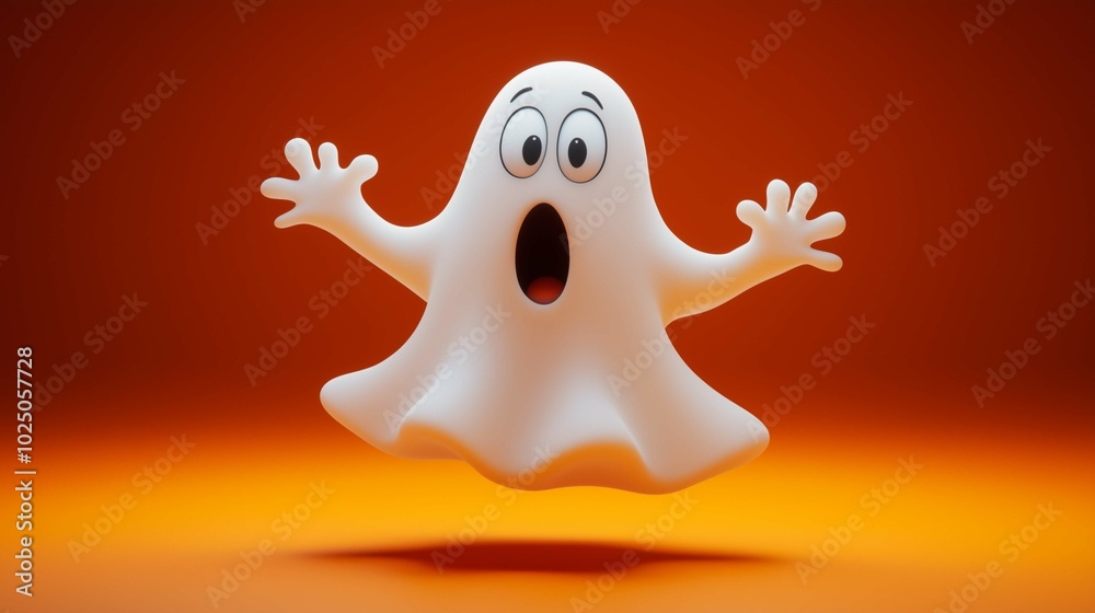 A whimsical, cartoon ghost with a surprised expression floats against a bold orange background, bringing a playful twist to the traditionally spooky figure.
A whimsical, cartoon ghost with a surprised expression floats against a bold orange background, bringing a playful twist to the traditionally spooky figure.