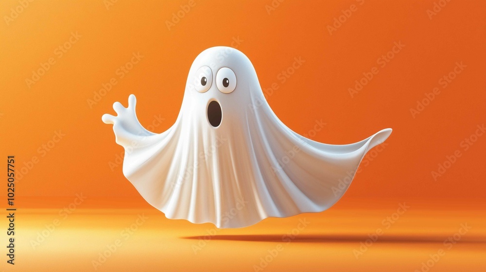 A whimsical, cartoon ghost with a surprised expression floats against a bold orange background, bringing a playful twist to the traditionally spooky figure.
A whimsical, cartoon ghost with a surprised expression floats against a bold orange background, bringing a playful twist to the traditionally spooky figure.