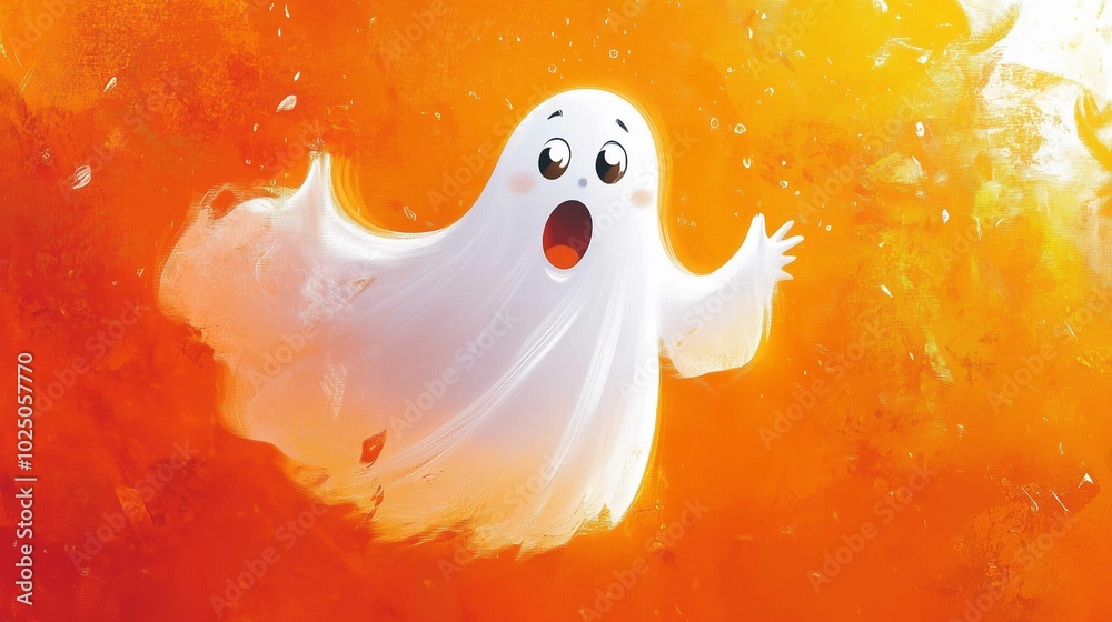 A whimsical, cartoon ghost with a surprised expression floats against a bold orange background, bringing a playful twist to the traditionally spooky figure.
A whimsical, cartoon ghost with a surprised expression floats against a bold orange background, bringing a playful twist to the traditionally spooky figure.