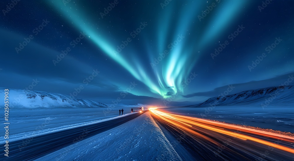 Driving on an icy road under the Aurora Borealis, snow-covered fields to the horizon. The sky is filled with dark blue and bright green lights that create dramatic shapes in the darkness of the night. Driving on an icy road under the Aurora Borealis, snow-covered fields to the horizon. The sky is filled with dark blue and bright green lights that create dramatic shapes in the darkness of the night.
