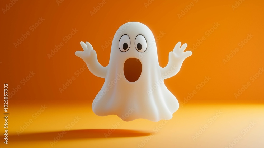 A whimsical, cartoon ghost with a surprised expression floats against a bold orange background, bringing a playful twist to the traditionally spooky figure.
A whimsical, cartoon ghost with a surprised expression floats against a bold orange background, bringing a playful twist to the traditionally spooky figure.