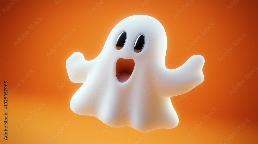 A whimsical, cartoon ghost with a surprised expression floats against a bold orange background, bringing a playful twist to the traditionally spooky figure.
A whimsical, cartoon ghost with a surprised expression floats against a bold orange background, bringing a playful twist to the traditionally spooky figure.