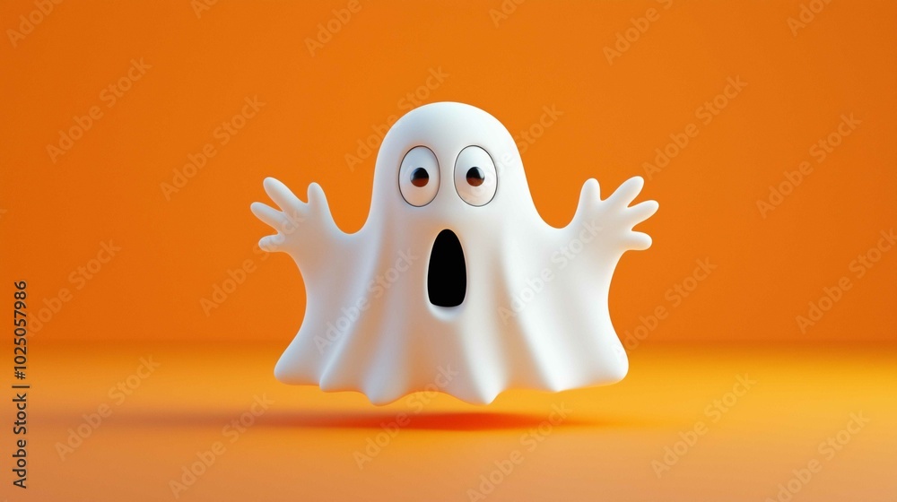 A whimsical, cartoon ghost with a surprised expression floats against a bold orange background, bringing a playful twist to the traditionally spooky figure.
A whimsical, cartoon ghost with a surprised expression floats against a bold orange background, bringing a playful twist to the traditionally spooky figure.