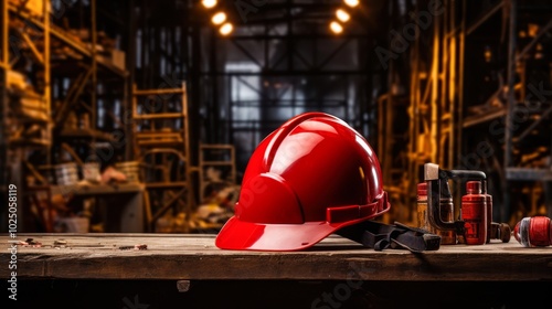 A vibrant red hard hat rests on a wooden table with various tools in a dimly lit industrial setting, Ideal for construction, safety, or occupational health themes in marketing materials, photo