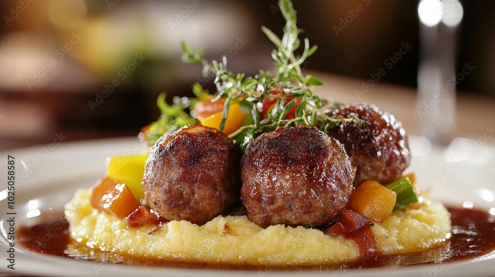 A close-up of a gourmet dish of savory meatballs served on a bed of creamy polenta with a side of roasted vegetables. A close-up of a gourmet dish of savory meatballs served on a bed of creamy polenta with a side of roasted vegetables.