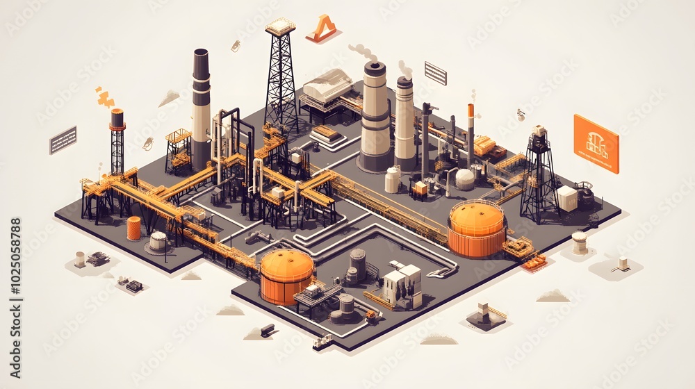 A stylized infographic showing the process of oil extraction, refining, and distribution A stylized infographic showing the process of oil extraction, refining, and distribution