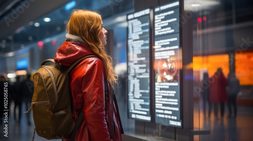 A young woman in a red jacket stands thoughtfully in front of a large digital display in an urban setting, possibly a train station or airport