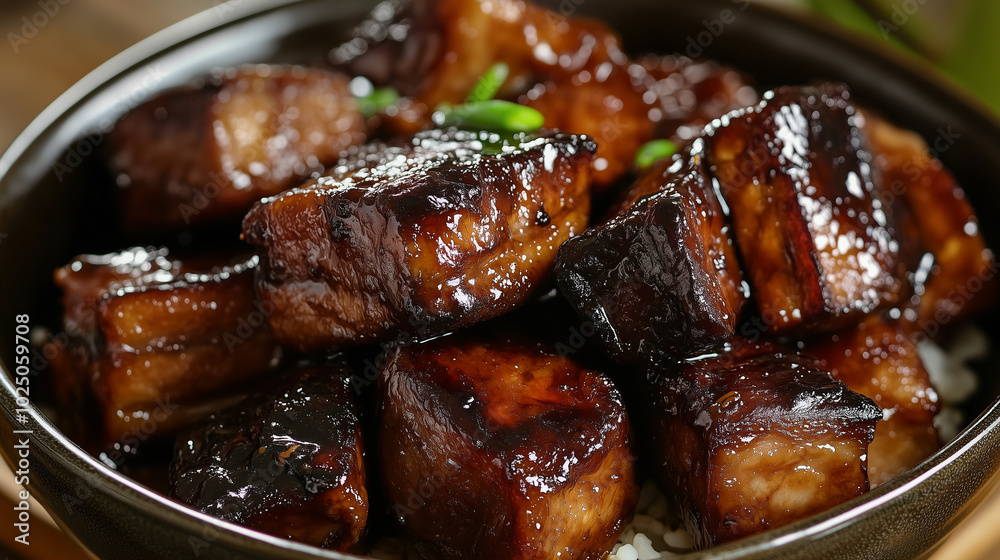 Juicy pieces of pork belly, cooked in a rich sauce, with a glossy surface that looks appetizing and inviting Juicy pieces of pork belly, cooked in a rich sauce, with a glossy surface that looks appetizing and inviting