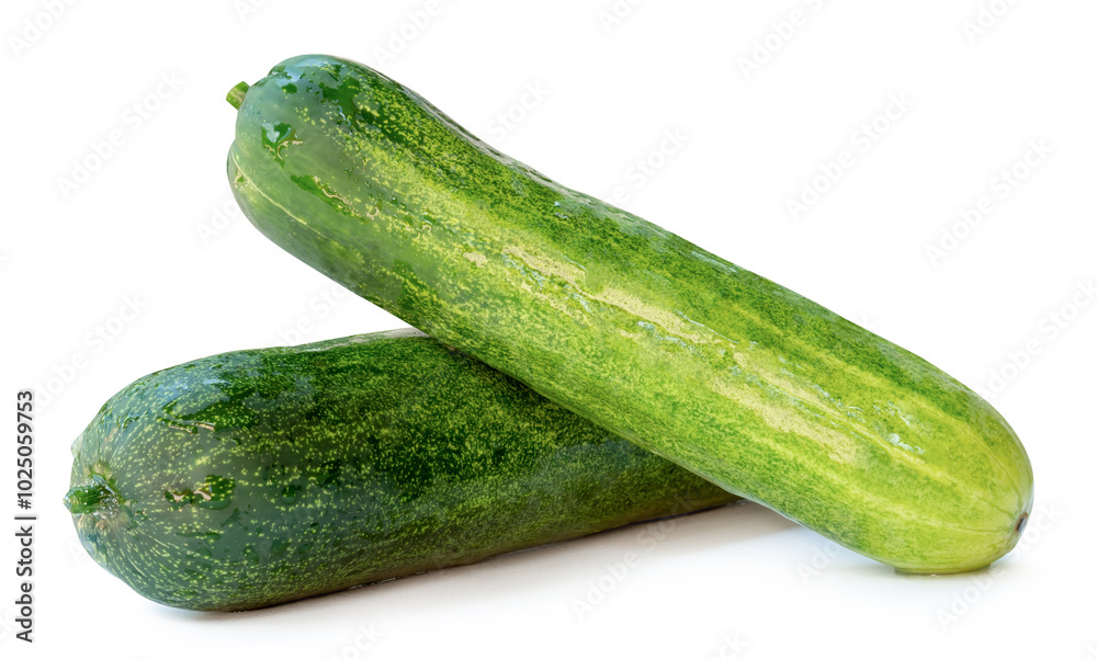 Side view of fresh long green cucumbers in stack isolated on white background with clipping path Side view of fresh long green cucumbers in stack isolated on white background with clipping path