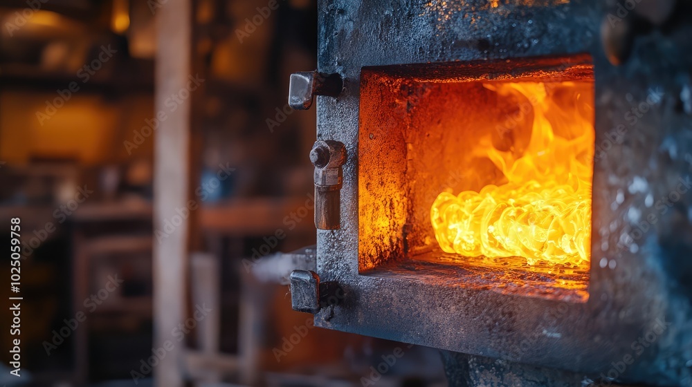 A close-up of a glassblowing workshop, featuring a furnace with glowing, molten glass ready to be shaped into art A close-up of a glassblowing workshop, featuring a furnace with glowing, molten glass ready to be shaped into art