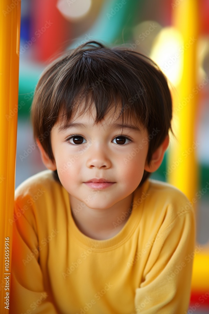 A delightful portrait of a young child smiling warmly while standing at a sunny playground. A delightful portrait of a young child smiling warmly while standing at a sunny playground.