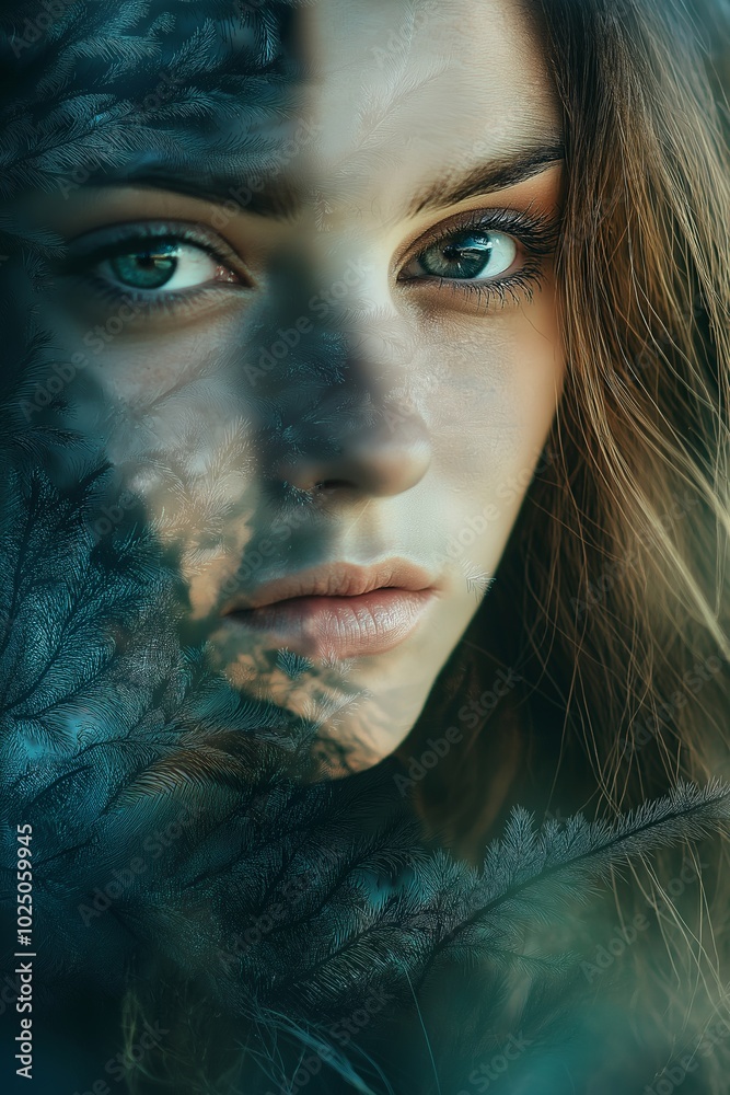 Close-up of woman with shadows and nature overlays on face, exhibiting serenity and beauty. Close-up of woman with shadows and nature overlays on face, exhibiting serenity and beauty.