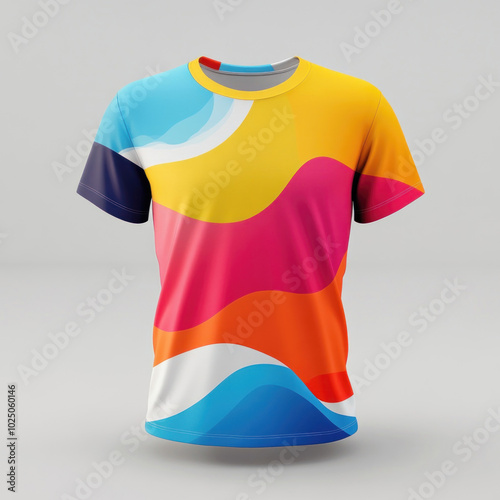 Colorful t-shirt mockup on table with vibrant designs.