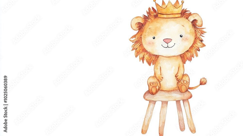   A watercolor sketch of a regal lion wearing a crown and perched on a stool