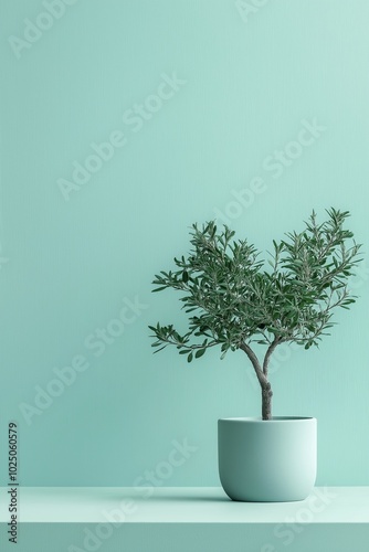 A minimalistic potted plant with lush green leaves stands alone against a subdued green background, representing tranquility.