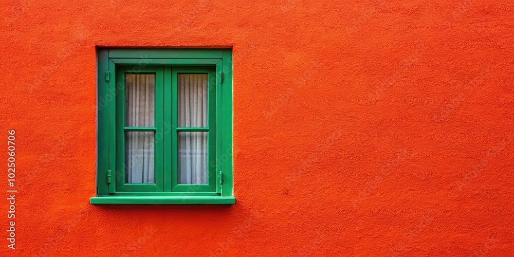 Wide-angle bright background with green window on the orange red wall Wide-angle bright background with green window on the orange red wall