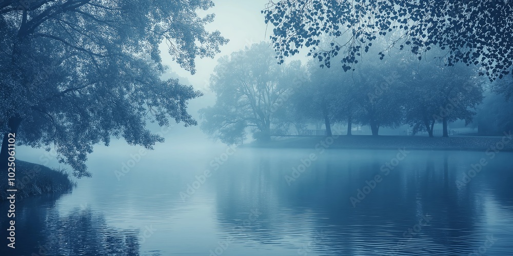 Fototapeta premium A misty lakeside scene enveloped in blue hues, with trees and water creating a dreamy and ethereal atmosphere.