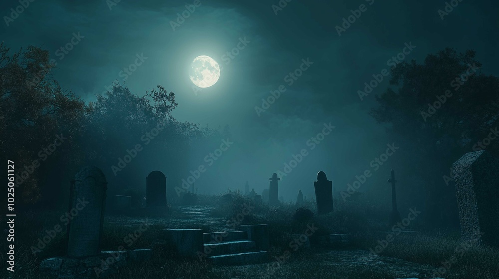 A spooky Halloween scene of a foggy graveyard at night, with a full moon casting a dim glow.
A spooky Halloween scene of a foggy graveyard at night, with a full moon casting a dim glow.