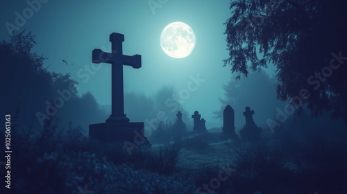 A spooky Halloween scene of a foggy graveyard at night, with a full moon casting a dim glow. 