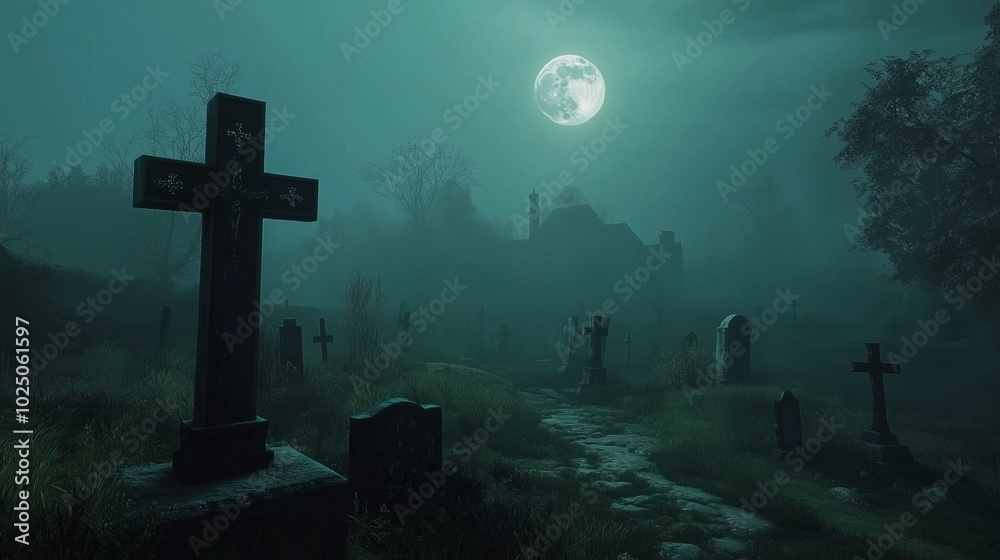 A spooky Halloween scene of a foggy graveyard at night, with a full moon casting a dim glow.
A spooky Halloween scene of a foggy graveyard at night, with a full moon casting a dim glow.
